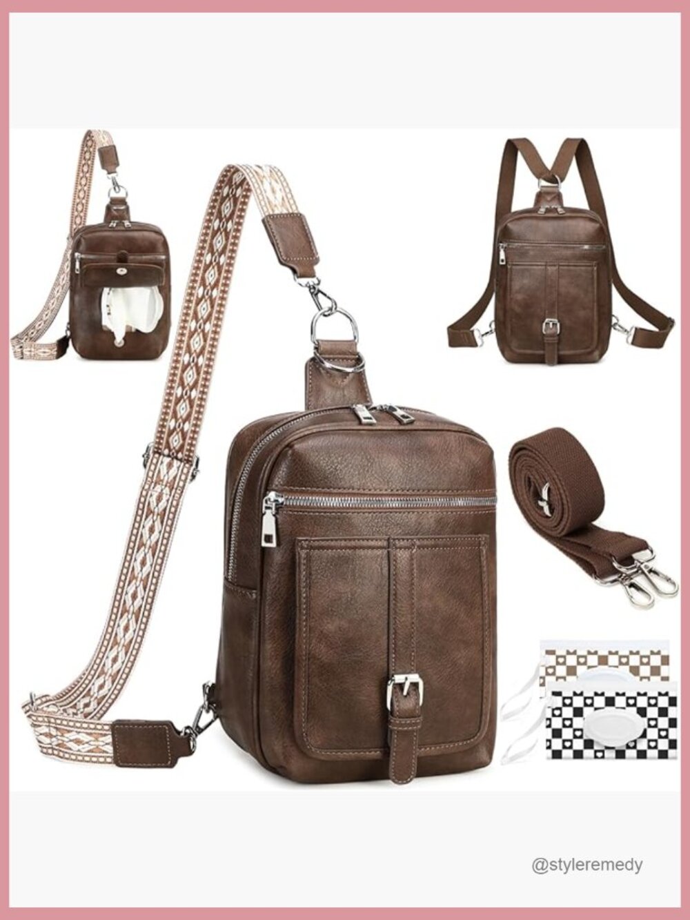 Small Diaper Bag Crossbody Sling Purse - 2 in 1 Leather Backpack with 2 Straps